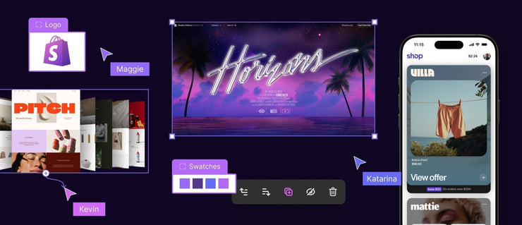 Browser and mobile windows showcasing design features of Shopify Summer '25 Edition